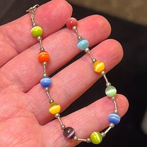 Vintage colorful cats eye sterling silver liquid silver bracelet
